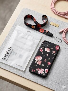 iPhone 11 SHEIN Black Floral Phone Case with Pink Rose Print and Matching Strap